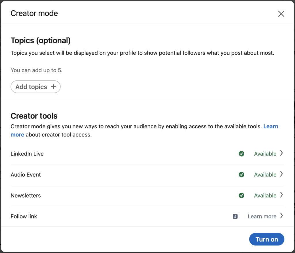 Mode kreator di LinkedIn