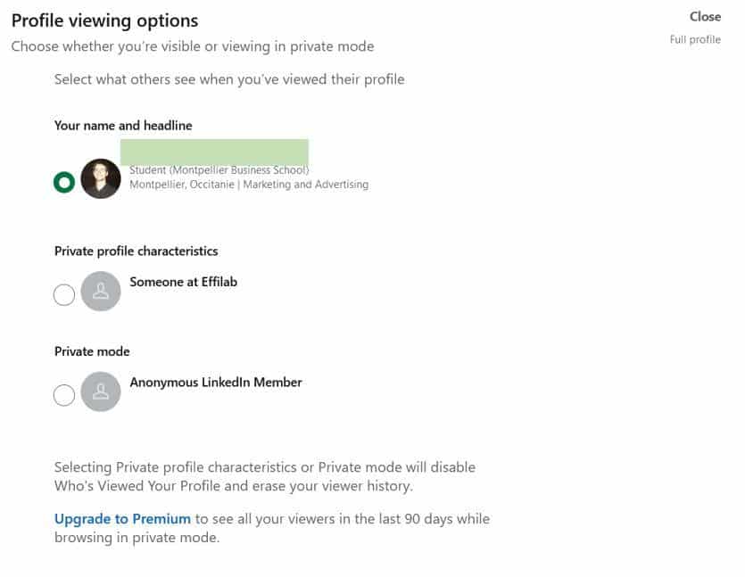 linkedin private mode vs public