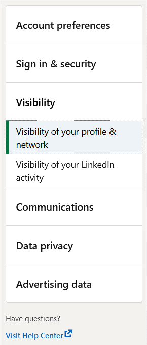 Settings to activate the private mode on LinkedIn