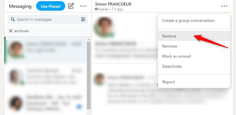  restaurer un message d'archive linkedin 