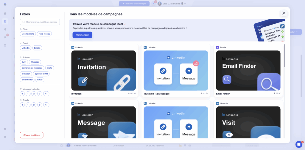 Bibliothèque de scénarios et campagnes de prospection multicanales avec Waalaxy.