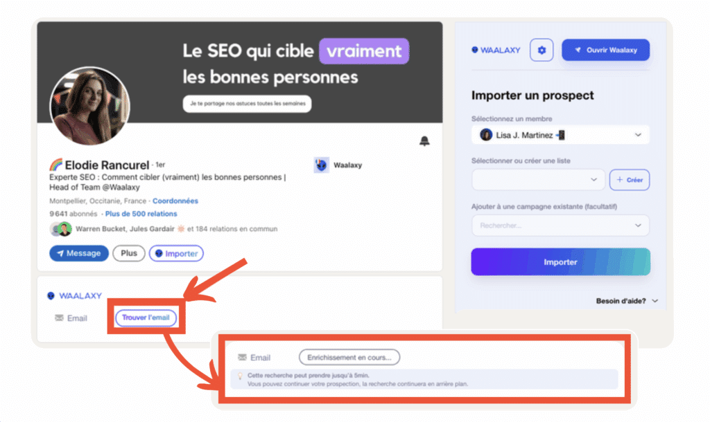 Trouver le mail de vos prospects directement sur leur profil LinkedIn avec Waalaxy.