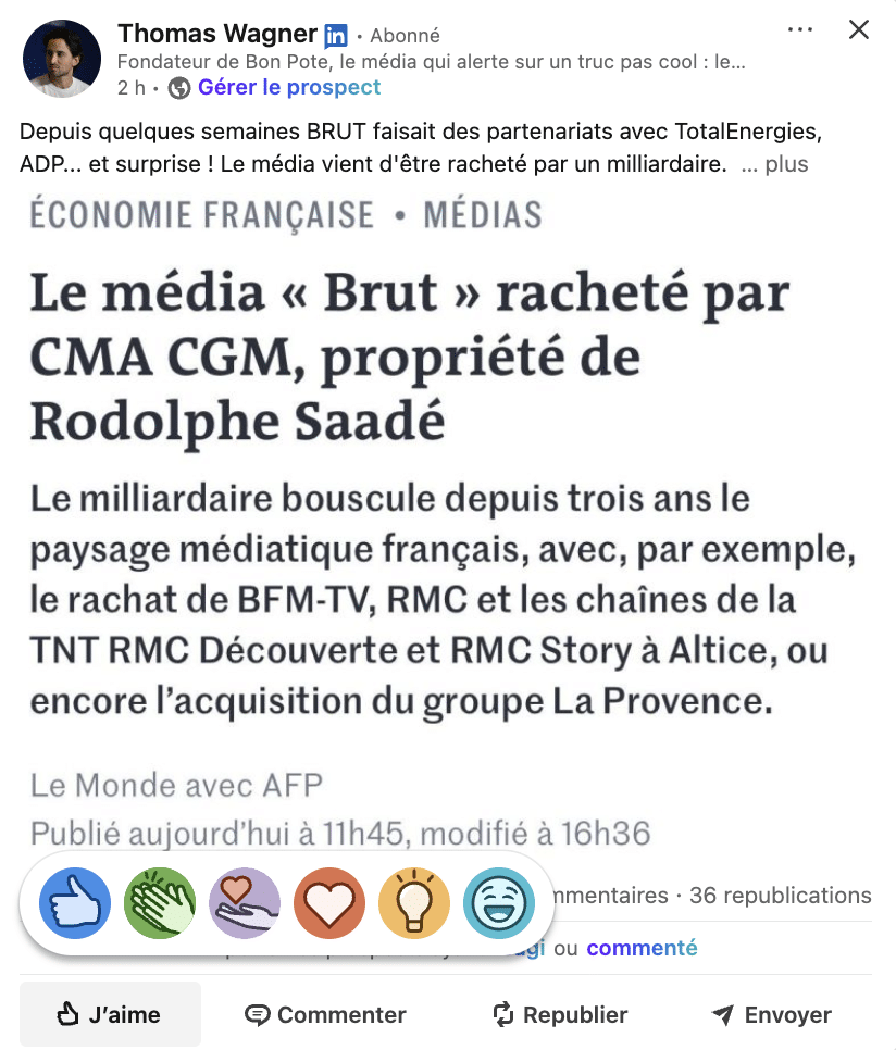 Emojis LinkedIn utilisés pour les réactions des posts