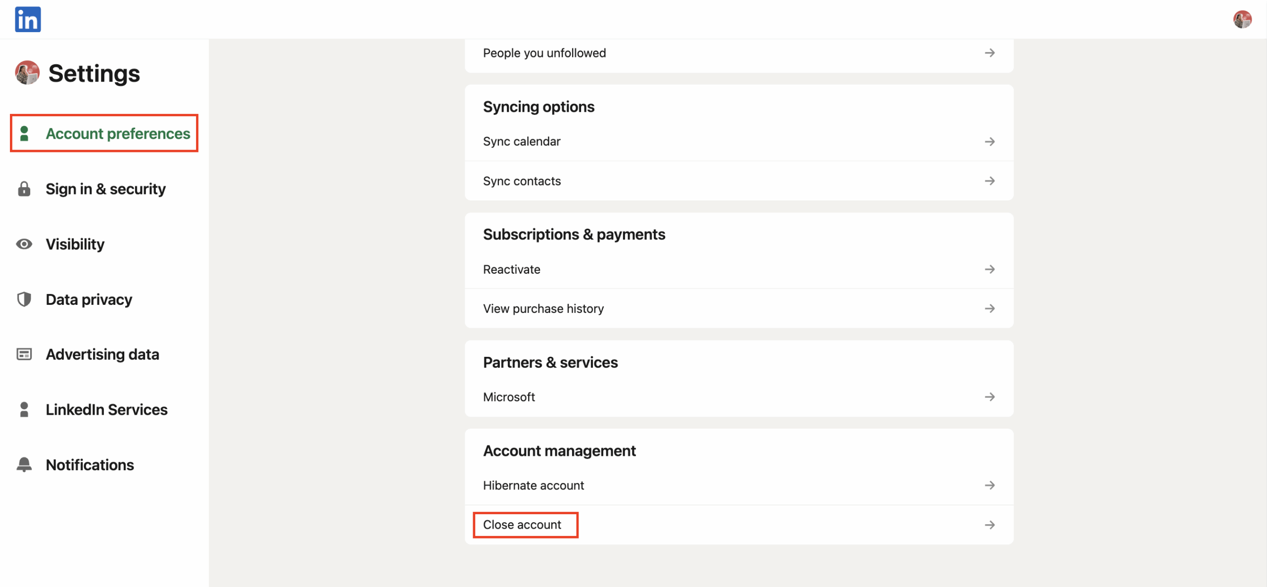 LinkedIn Login close account