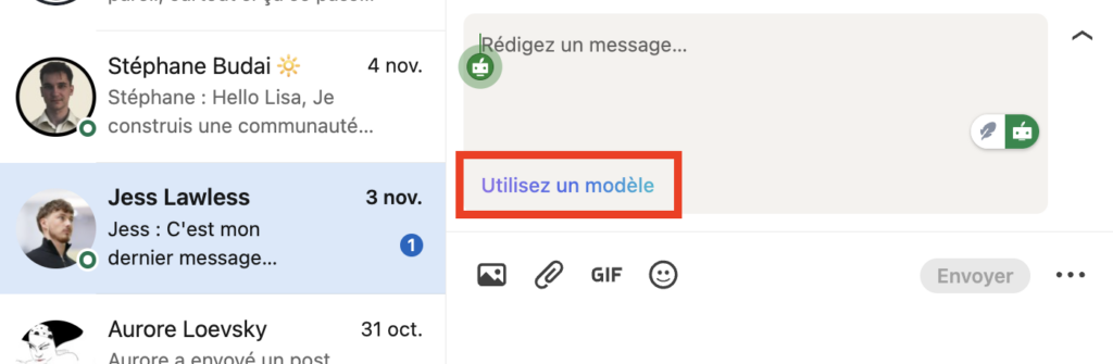 Modèle de message LinkedIn préenregistré dans Inbox LinkedIn.