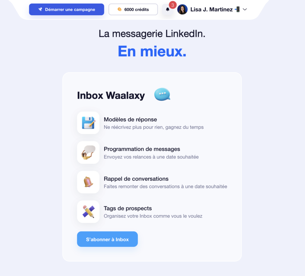 Inbox Waalaxy pour programmer message LinkedIn.