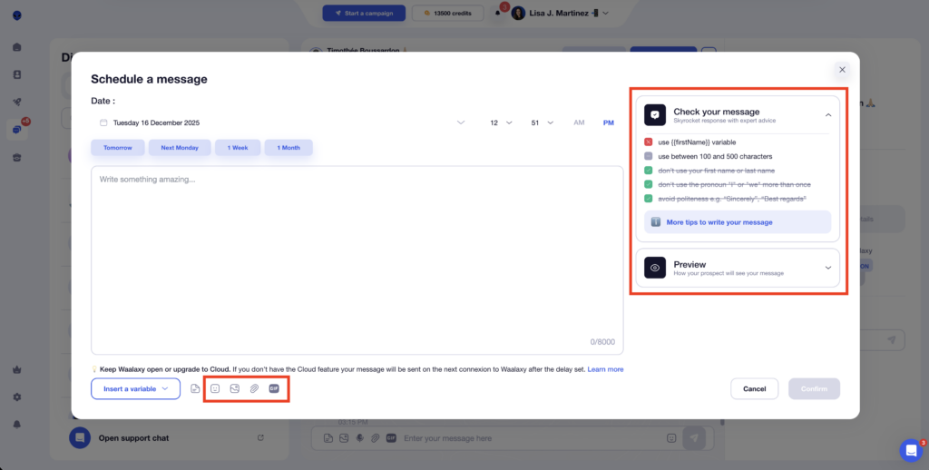 Enrich and verify the scheduled message in Waalaxy.