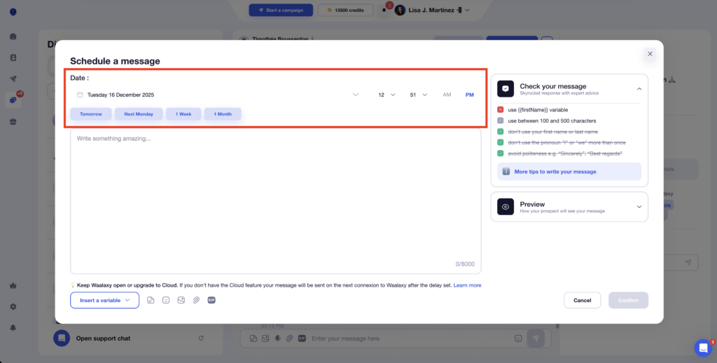 Schedule LinkedIn messages in Waalaxy Inbox (date and time).