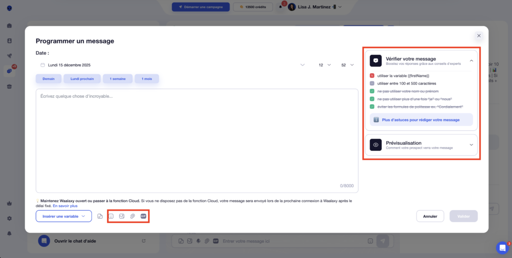 Enrichir et vérifier le message programmé dans Waalaxy.