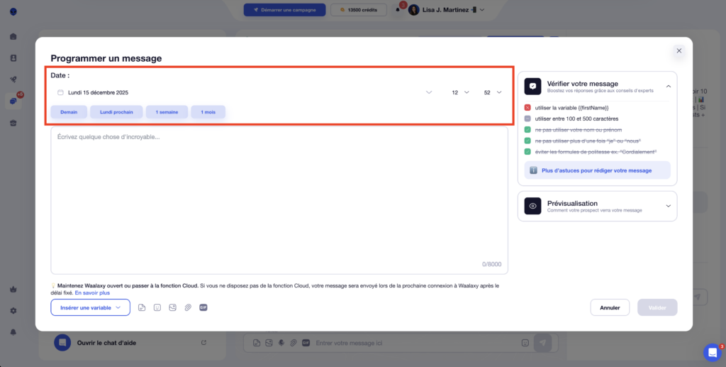Programmer message LinkedIn dans Inbow Waalaxy (date et heure).
