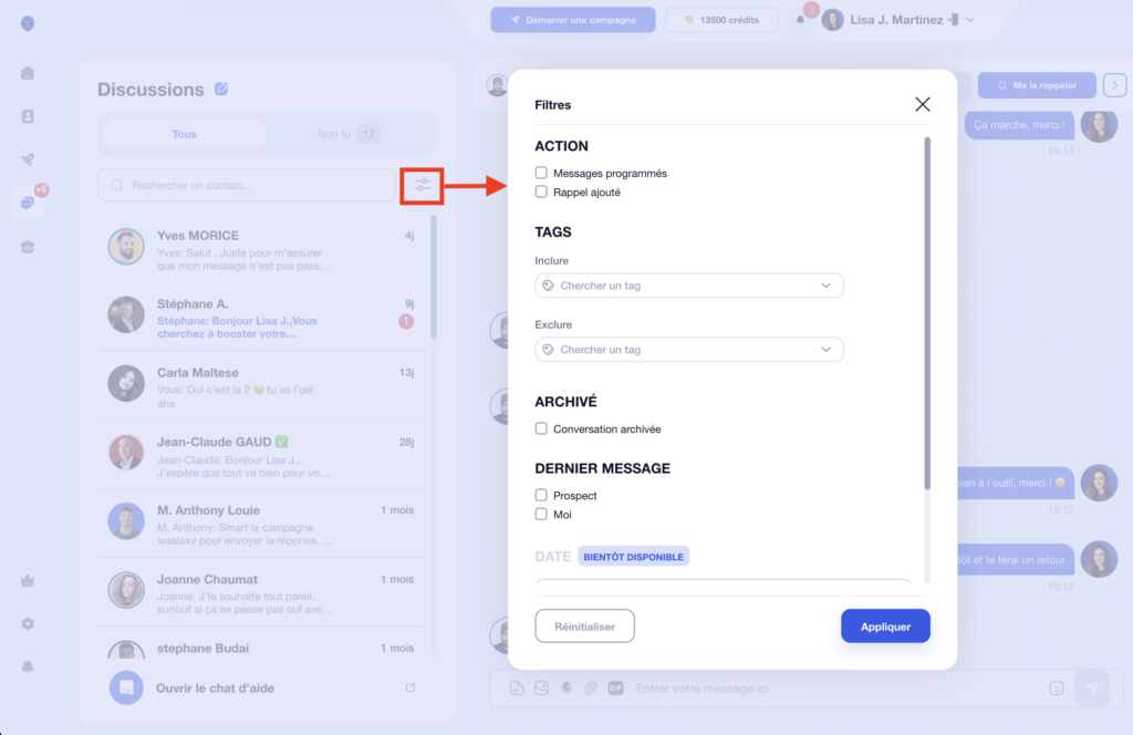 Filtres de conversations Inbox Waalaxy.