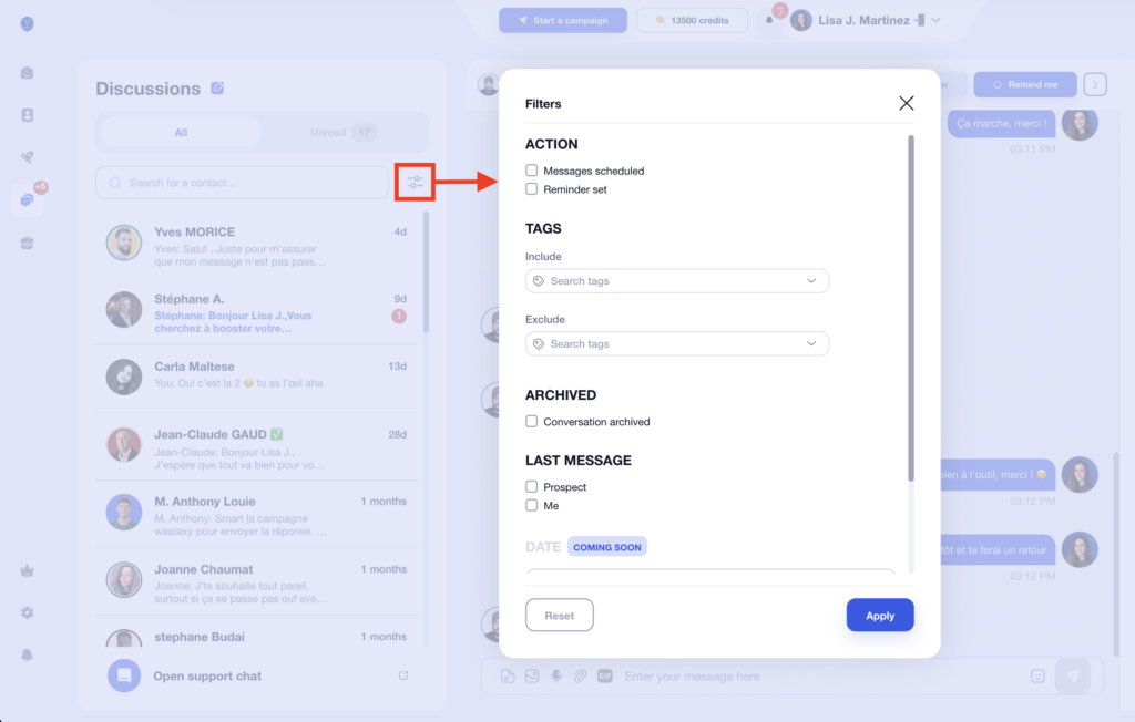 Waalaxy Inbox conversation filters.