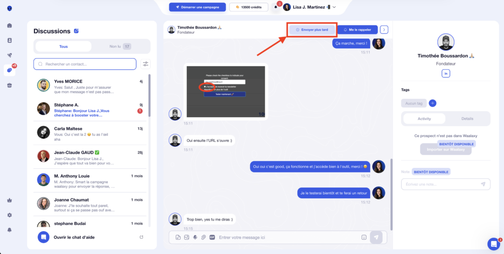 Programmer message LinkedIn dans Waalaxy. 