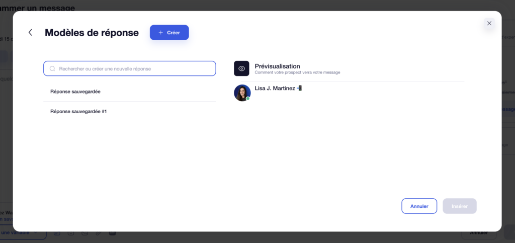 Modèles de réponse pré-enregistrées pour message LinkedIn Waalaxy. 