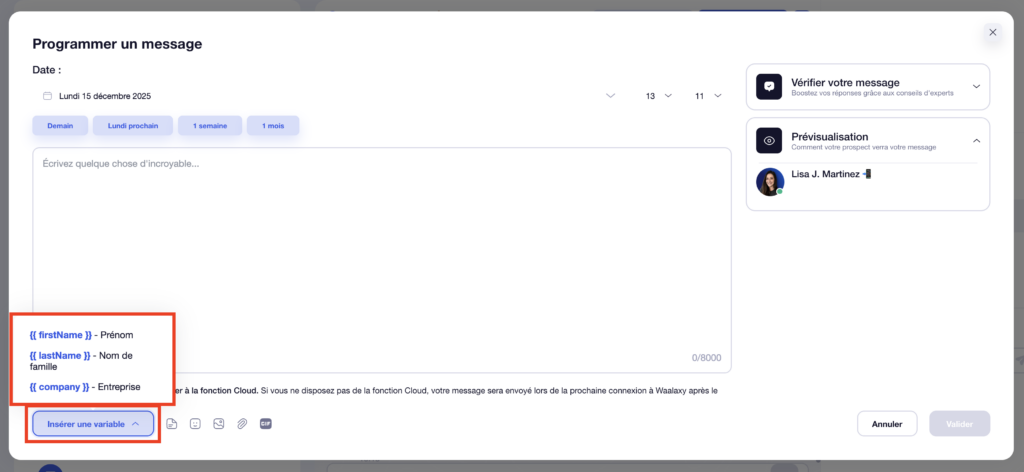 Programmer et personnaliser message LinkedIn avec Waalaxy.