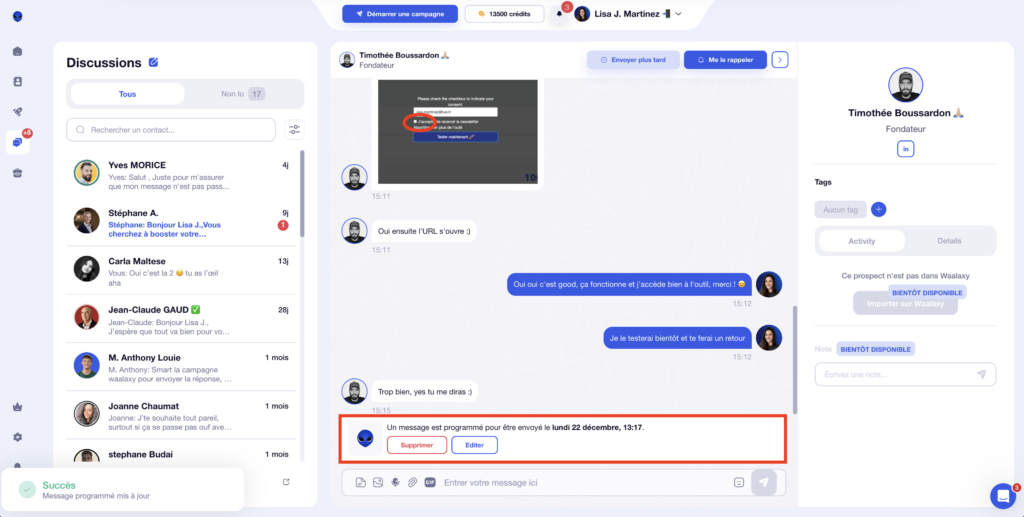 Modifier ou annuler un message programmé dans Waalaxy.