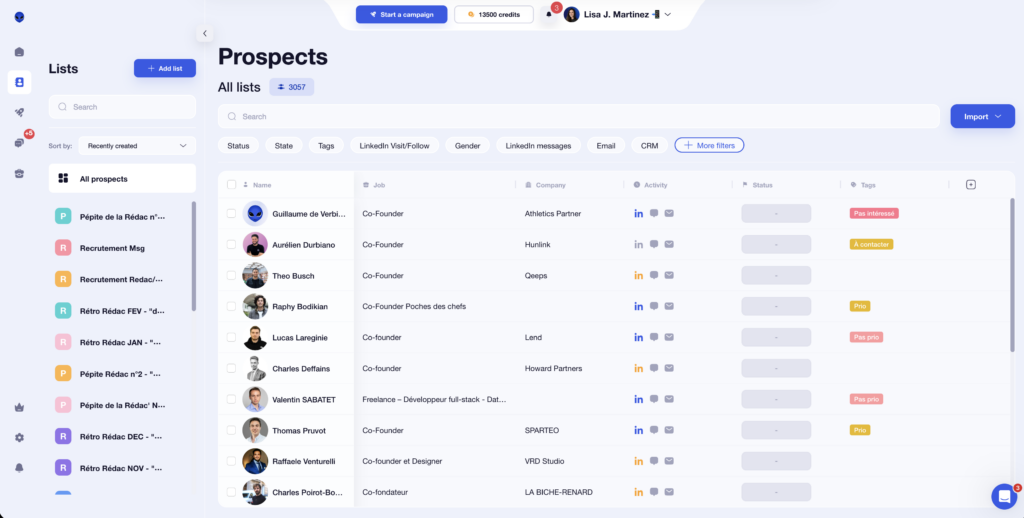 Organize your contact lists on Waalaxy.