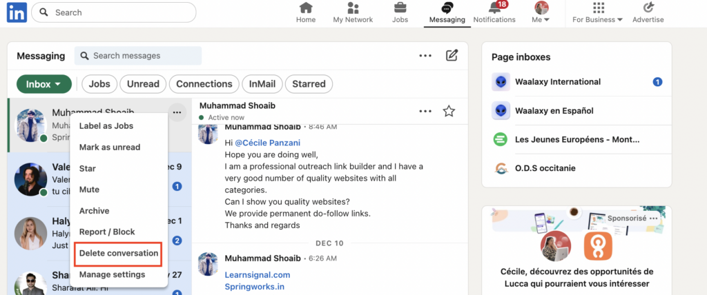 Delete a LinkedIn message 