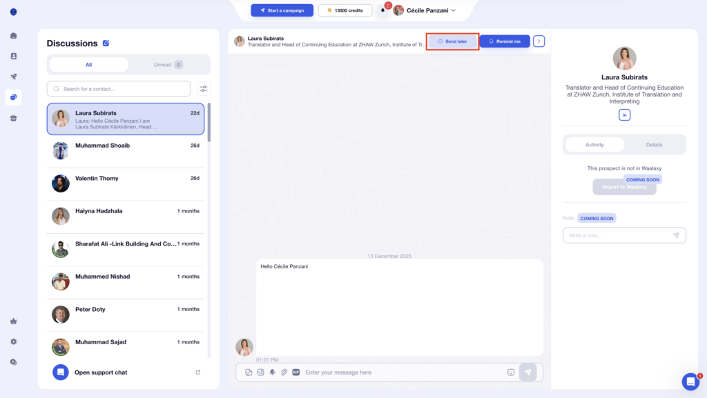 Waalaxy inbox interface