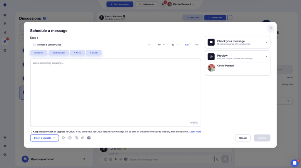 Schedule a message with Waalaxy Inbox