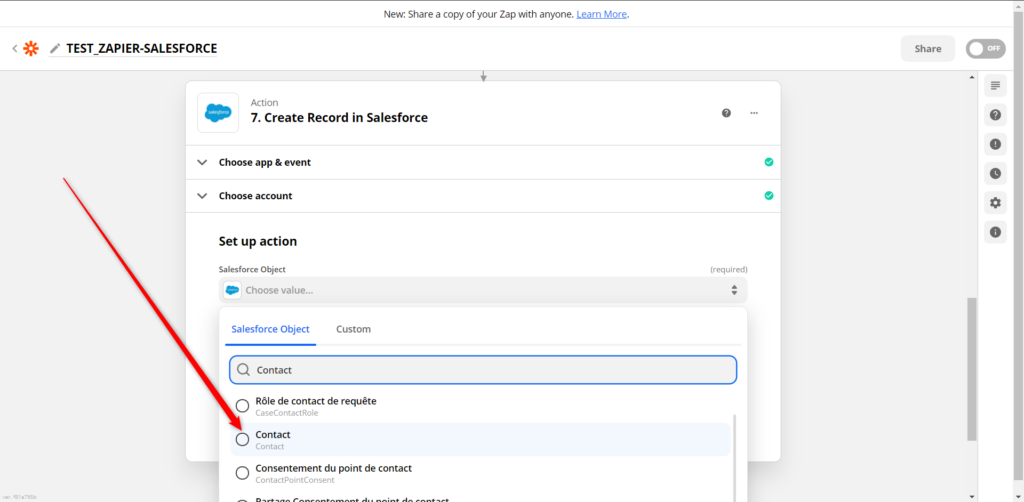 selectionner contact dans zapier avec salesforce