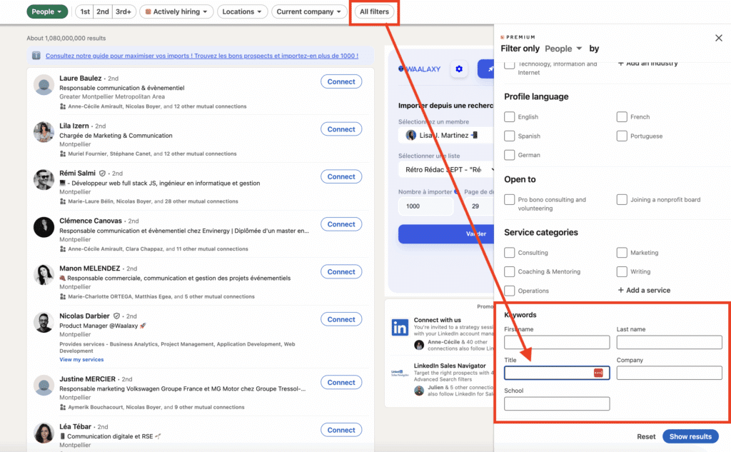 LinkedIn advanced search filters.
