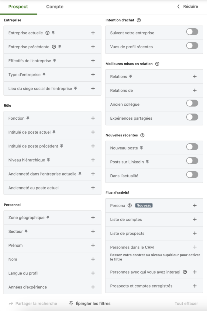 Filtres de recherche dans LinkedIn Sales navigator.