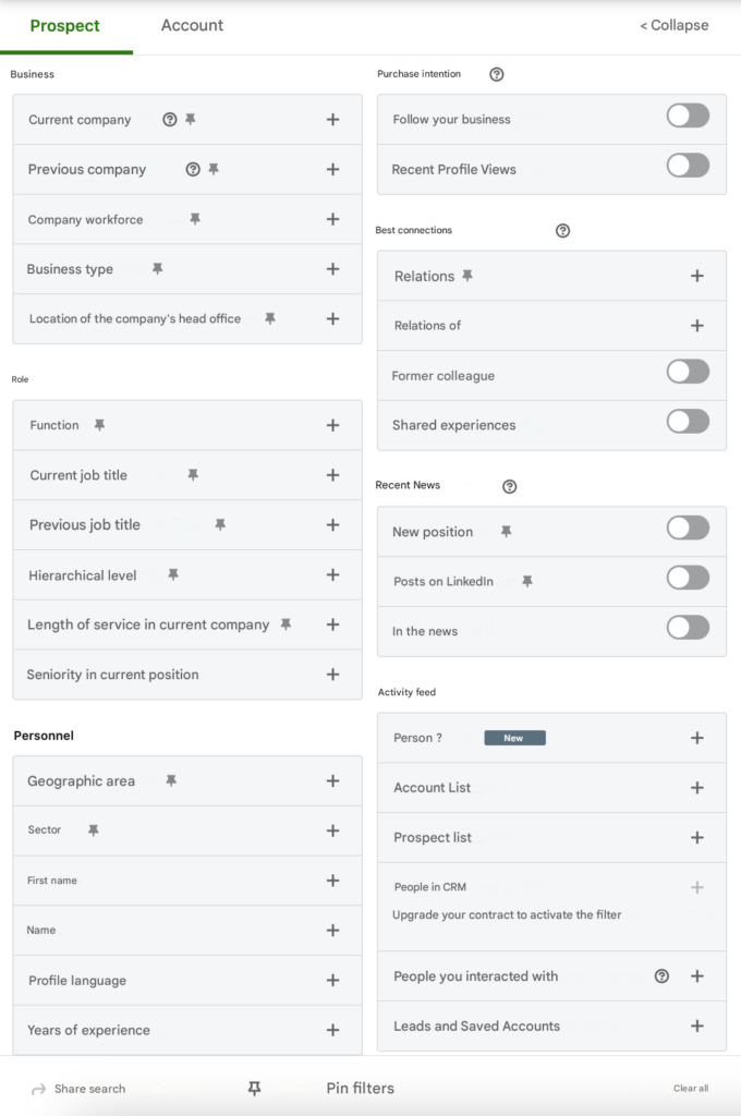 Search filters in LinkedIn Sales navigator.