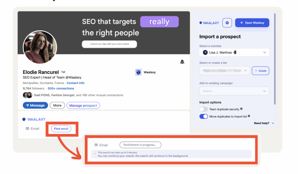 Multi-channel prospecting and enrichment with Waalaxy.
