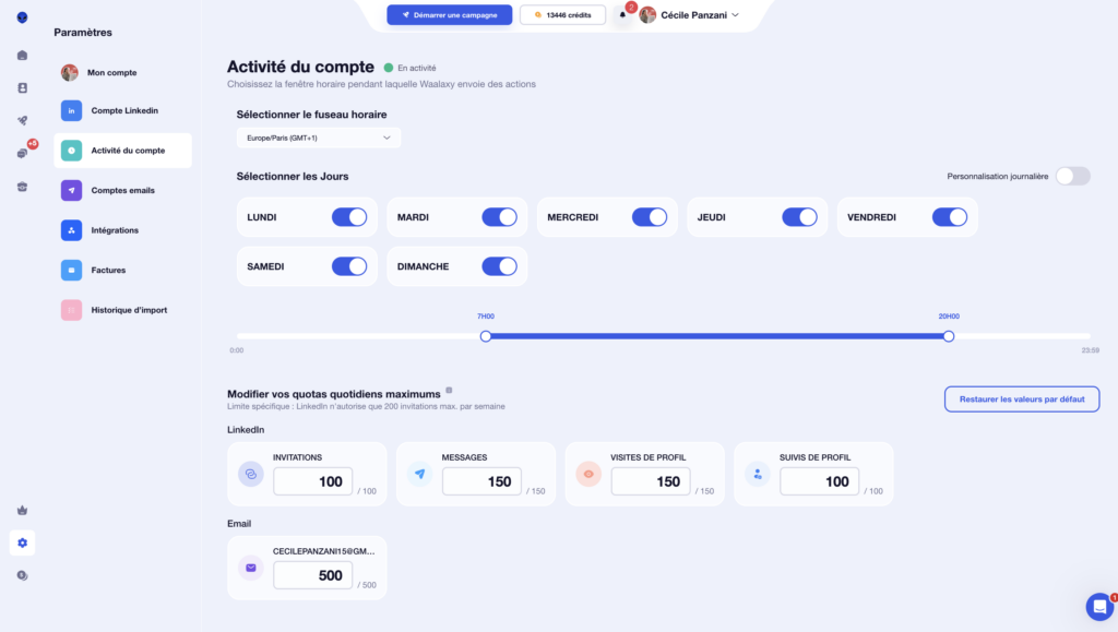 Activité du compte Waalaxy 