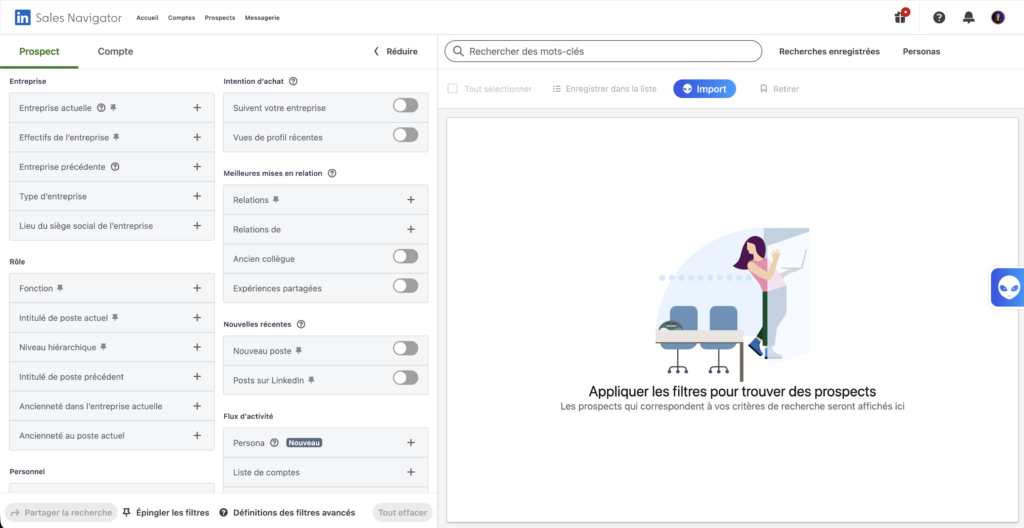 Filtres de recherche dans LinkedIn Sales Navigator.