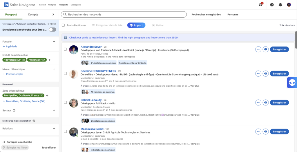 Exemple de recherche dans LinkedIn Sales navigator.