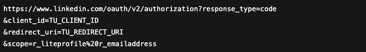 Fragmento de código con una url de ejemplo para configurar la API de Linkedin
