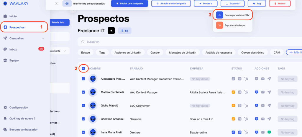Exportar información de prospectos a un archivo CSV con Waalaxy