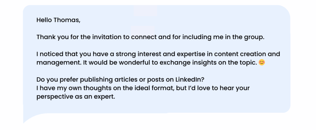 LinkedIn thank-you message after accepting a connection request or invitation.