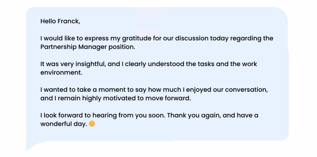 LinkedIn thank-you message after a job interview: example 1.