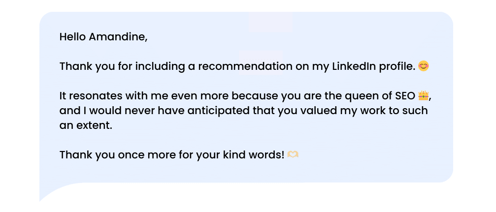 LinkedIn thank-you message after receiving a recommendation or congratulations.