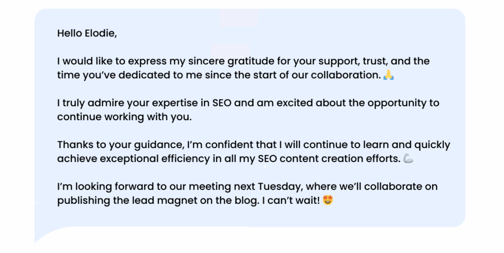 LinkedIn thank-you message: after the support of your manager or coach.