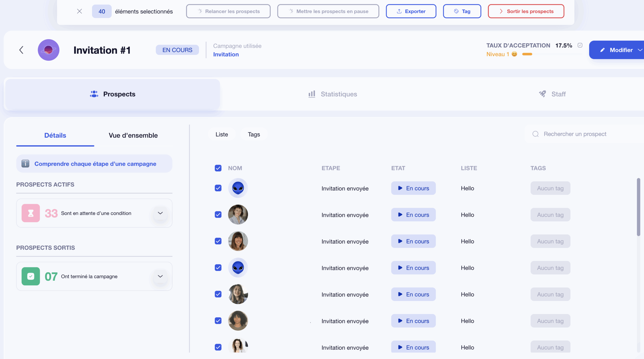 campagne Waalaxy mettre en pause ou faire une autre action