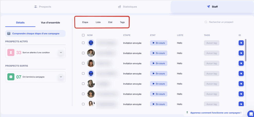 campagne Waalaxy utiliser un filtre dans une campagne