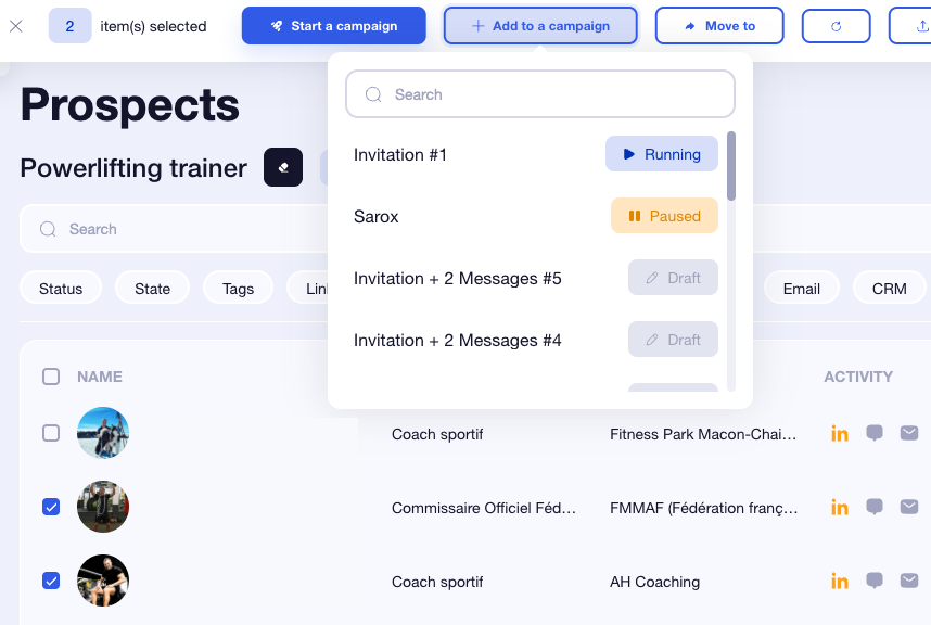 waalaxy campaign add prospects to a existing campaign