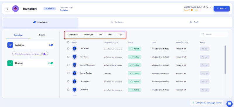 waalaxy campaign filters on waalaxy campaign