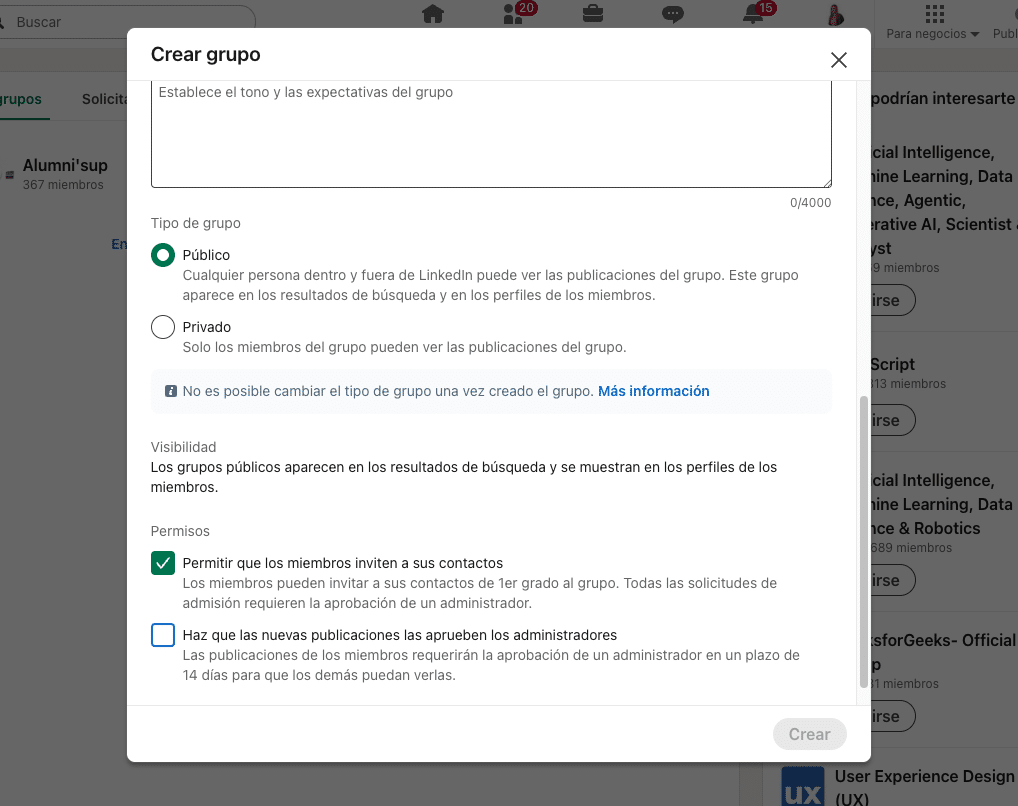 setting para crear un grupo sobre linkedin