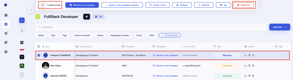 supprimer un prospect d’une liste avec Waalaxy