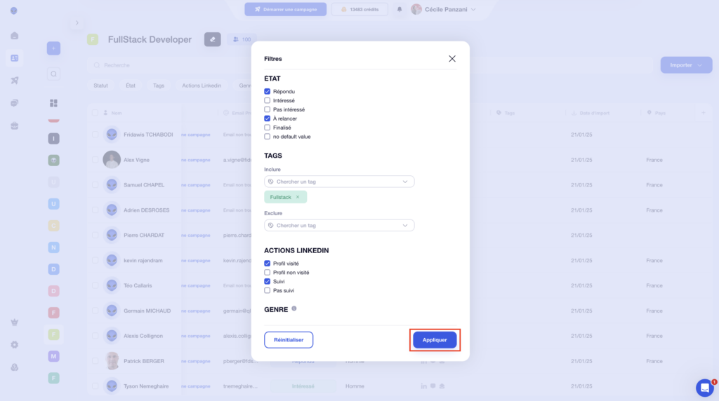 les filtres disponible sur Waalaxy