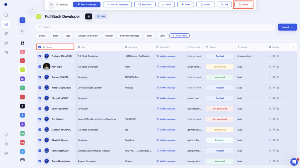 Delete a list of prospects with Waalaxy 