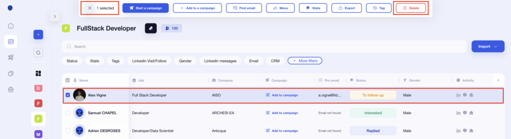 delete a prospect from a list with Waalaxy 
