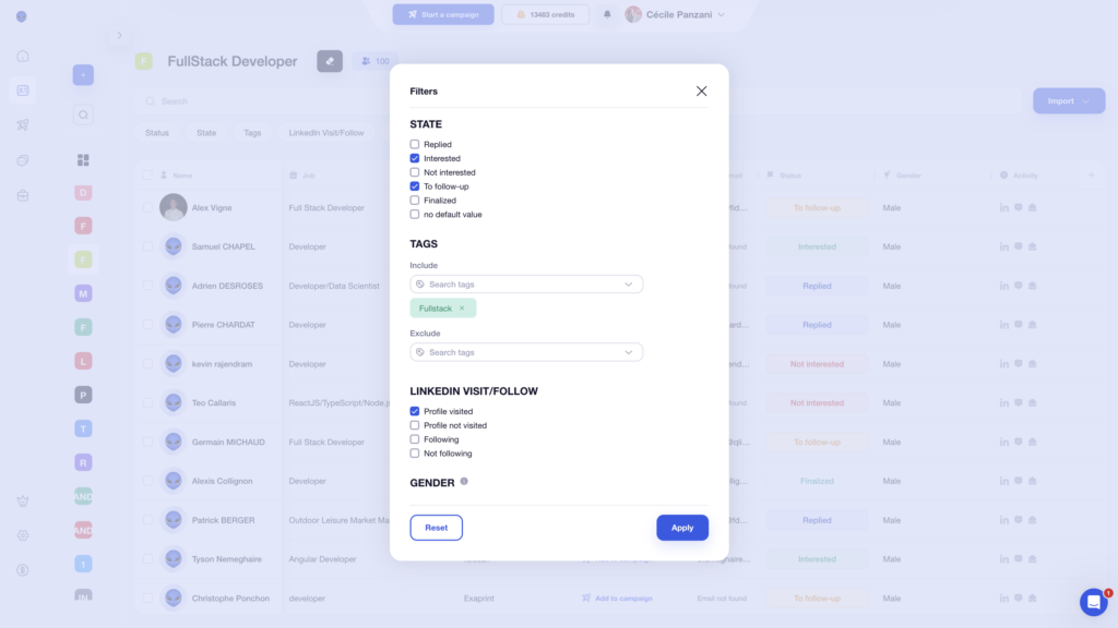 Filters available on Waalaxy 