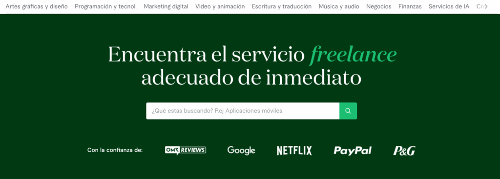 Página de inicio de la plataforma Fiverr
