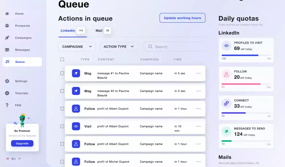 Envio de campanhas e fila de espera no Waalaxy